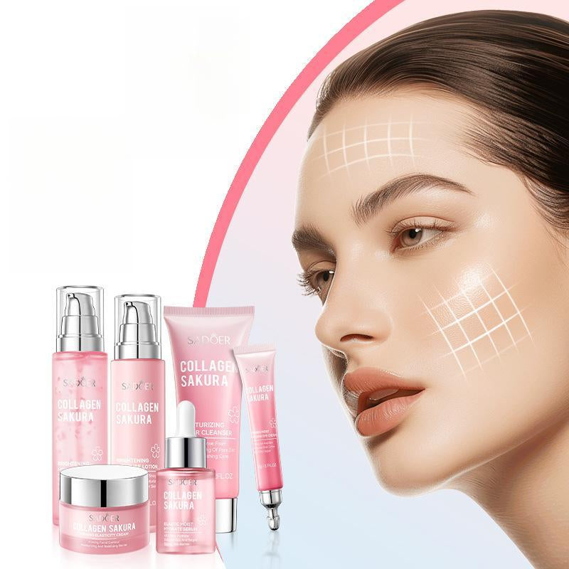 Sakura Collagen Skin Care Kit, 6 Counts/Set Moisturizing Skin Care Kit, Including Facial Serum, Toner, Facial Cleanser, Lotion, Face Cream, Eye Cream, Women'S Skin Care Products, Skin Cleansing, Glow