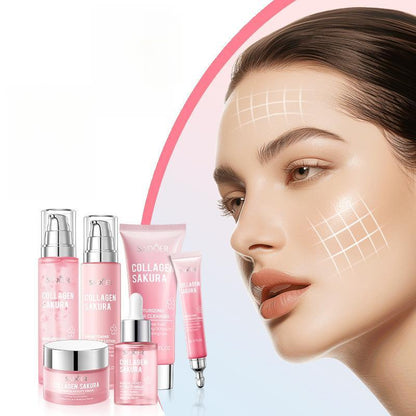 Sakura Collagen Skin Care Kit, 6 Counts/Set Moisturizing Skin Care Kit, Including Facial Serum, Toner, Facial Cleanser, Lotion, Face Cream, Eye Cream, Women'S Skin Care Products, Skin Cleansing, Glow