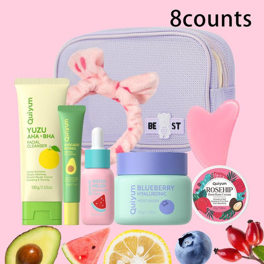 Mother'S Day Gift, Fruit Skin Care Kit, 1 Set Facial Cleanser & Eye Cream & Serum & Berries Moisturizer & Scraper & Hair Tie & Makeup Bag, Skin Care Kit for Women & Girls, Skin Rejuvenating Cosmetic Set, Spa Gift Set, Cosmetic, Moisture