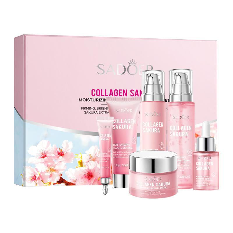 Sakura Collagen Skin Care Kit, 6 Counts/Set Moisturizing Skin Care Kit, Including Facial Serum, Toner, Facial Cleanser, Lotion, Face Cream, Eye Cream, Women'S Skin Care Products, Skin Cleansing, Glow