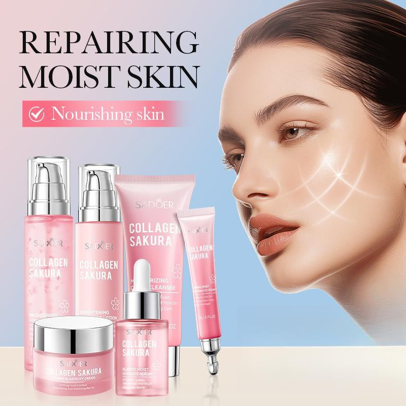 Sakura Collagen Skin Care Kit, 6 Counts/Set Moisturizing Skin Care Kit, Including Facial Serum, Toner, Facial Cleanser, Lotion, Face Cream, Eye Cream, Women'S Skin Care Products, Skin Cleansing, Glow