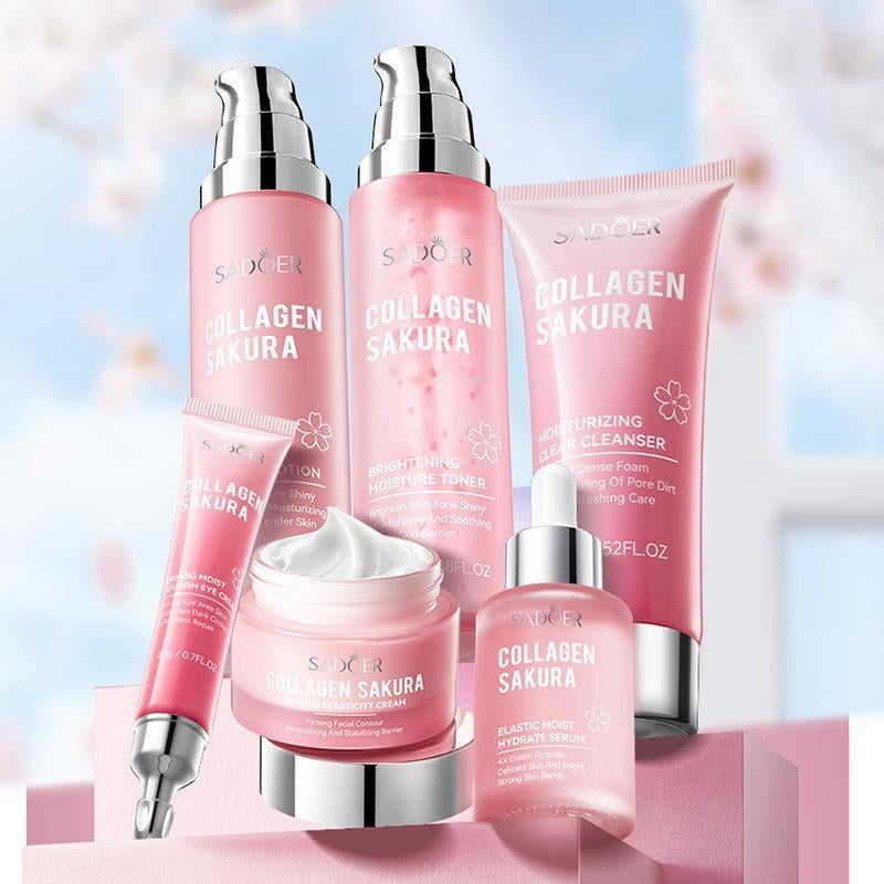 Sakura Collagen Skin Care Kit, 6 Counts/Set Moisturizing Skin Care Kit, Including Facial Serum, Toner, Facial Cleanser, Lotion, Face Cream, Eye Cream, Women'S Skin Care Products, Skin Cleansing, Glow